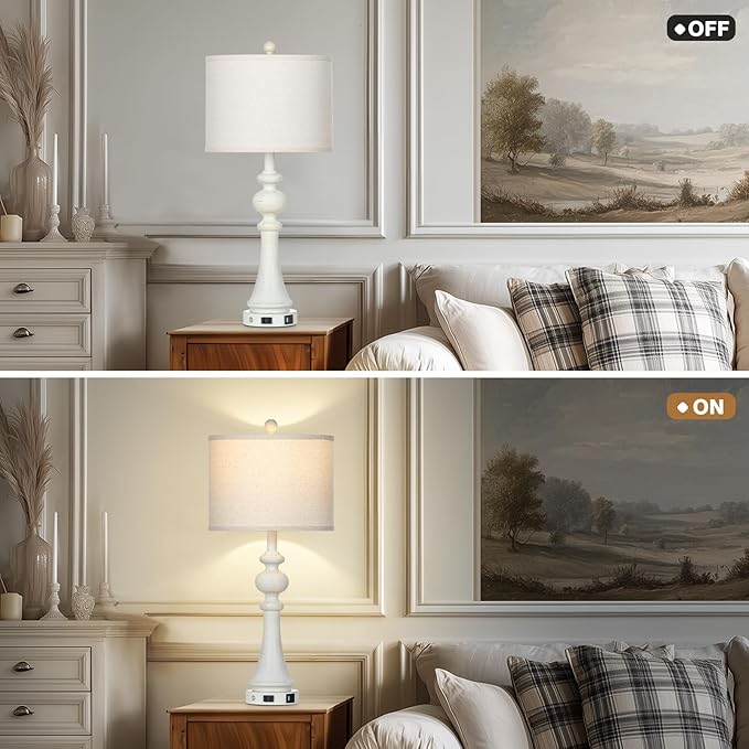 28" Farmhouse Table Lamps Set of 2, Vintage Bedside Lamps with USB A+C Charging Ports & AC Outlet, 3-Way Dimmable Touch Control Nightstand Lamp for Living Room Bedroom Wash White(2 LED Bulbs Included) - Bloomnest