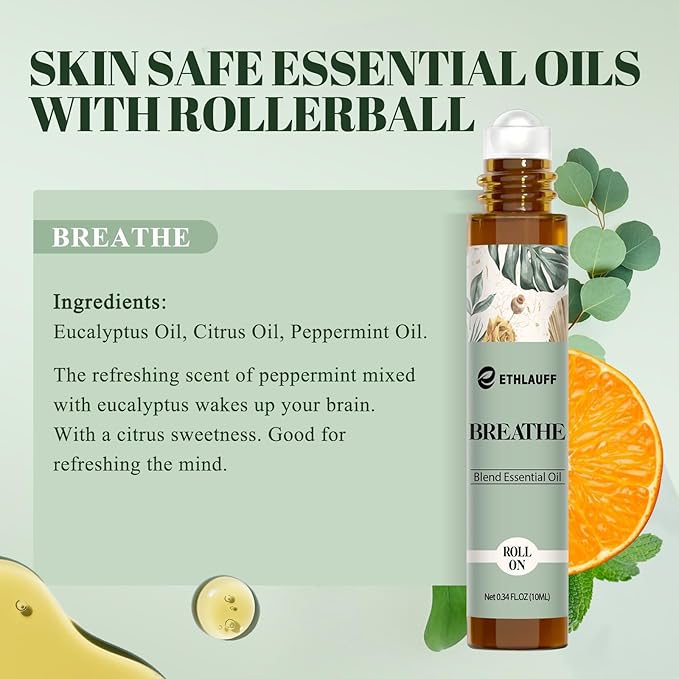 Breathe Essential Oil Blend 10 ml, Breath Easy Essential Oil Roll On, Natural Breathing Support for Sinus Relief, Headache - Bloomnest