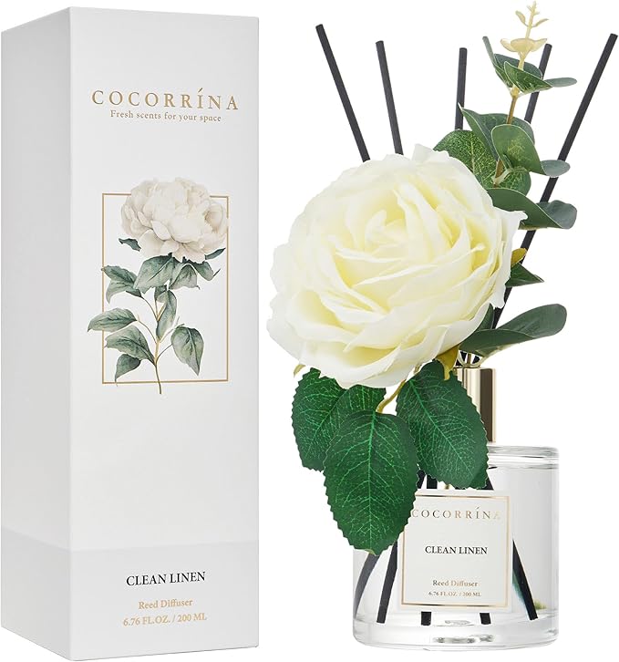 Cocorrína Flower Reed Diffuser - Clean Linen 6.7oz Scented Diffuser with Sticks Home Fragrance Essential Oil for Bathroom Shelf Decor (Artificial Flower) - Bloomnest