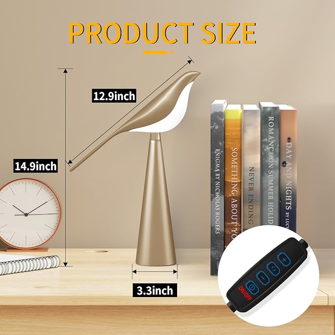 Small Desk Lamp, Bird Lamp, 10 Level Dimmable Brightness Bedside Night Light, Bedroom Table Lamp for Dorm, Office, Gifts, Reading, 3 Colors, Metal Finish, Gold, 360° Rotation - Bloomnest