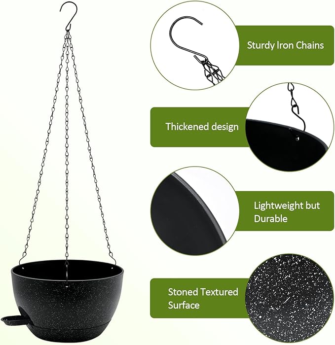 WOUSIWER Self Watering Hanging Planters, 2 Pack 10'' Plastic Pots with Drainage Holes & Reservoir Tray (Speckled Black) | Indoor & Outdoor Use for Ferns, Ivy, Herbs, Succulents - Bloomnest