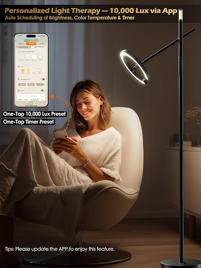 Happy Light Therapy Lamp, 10000 Lux UV-Free Full Spectrum Sunlight Floor Lamp with Remote & App Control, Adjustable Brightness & Color Temps 2700-6500K, 2 in 1 LED Sun lamp for Living Room Home Office - Bloomnest
