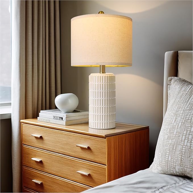 PoKat 20.75" Small Modern Ceramic Table Lamps Set of 2 for Bedroom, White Bedside Lamps for Night Stands, Farmhouse Desk Decor Nightstand Table Lamps for Living Room End Table Beige - Bloomnest
