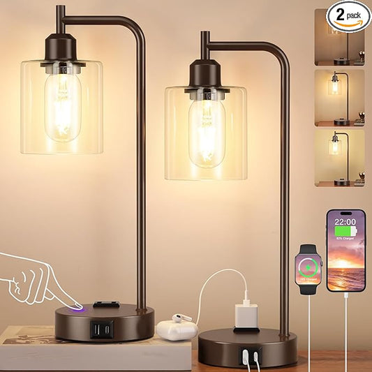 Innqoo Industrial Touch Table Lamps for Bedrooms Set of 2-3-Way Dimmable Lamps with USB C+A Ports and Outlet, Brown Bedside Lamps with Clear Glass Shade for Living Room, Desk Lamps for Home Office - Bloomnest