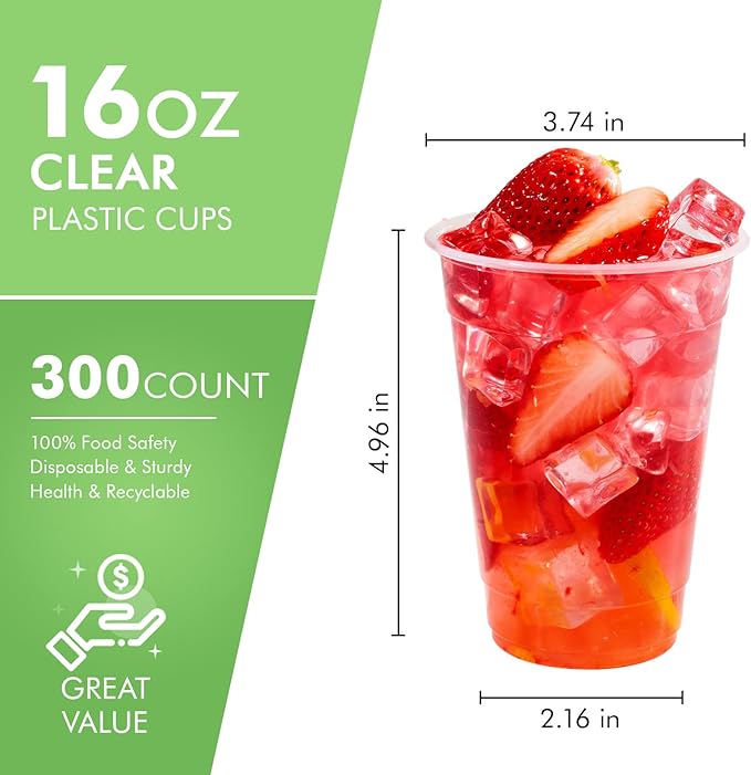 FOCUSLINE 300pack 16 oz Clear Plastic Cups Disposable, Plastic Clear Cups disposable, DrinkIng Cup for Water, Juice, Soda, Ice Coffee - Bloomnest
