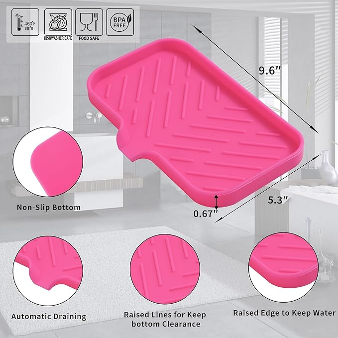 Silicone Bathroom Soap Dishes with Drain Spout-Bathroom and Kitchen Sink Organizer,Sponge Holder,Dish Soap Tray,Perfect for Dispenser,Scrubber,Bottle,Cup on Sink or Counter-Rose 9.6"×5.3" - Bloomnest