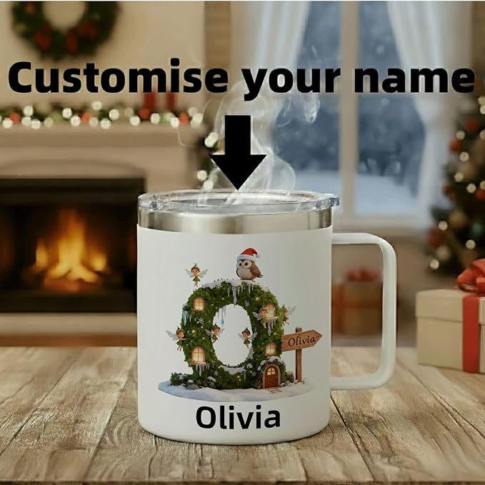 Personalized Fairy Mug | Custom Enchanted Initial Insulated Coffee Cup with Handle & Lid | 12oz Magical Holiday Tumbler,Gift for Girls & Kids (B31) - Bloomnest