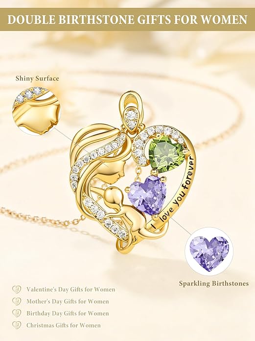 14K Gold Double Birthstone Heart Necklace for Women Mom, Mother Son/Daughter Pendant Necklace for Christmas Mother's Day Birthday Gifts for Wife Daughter Grandmom - Bloomnest