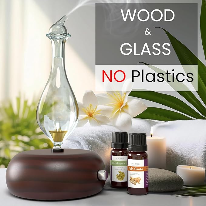 ArOmis Premium Glass Essential Oils Nebulizer - Waterless Diffuser for Aromatherapy - Handmade Oil Diffuser, Wooden Base, No Plastic, No Heat, No Battery, No LEDs - Orbis Nox Merus ArOmis
