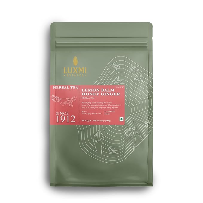 Luxmi Estates Lemon Balm Honey Ginger Loose Leaf Tea, 50 Tea Bags, Organic Herbal Tea, Caffeine Free Tea Bags for Relaxing, Calming, and Stress Relief, With Certified Organic Lemon Balm Tea - Bloomnest