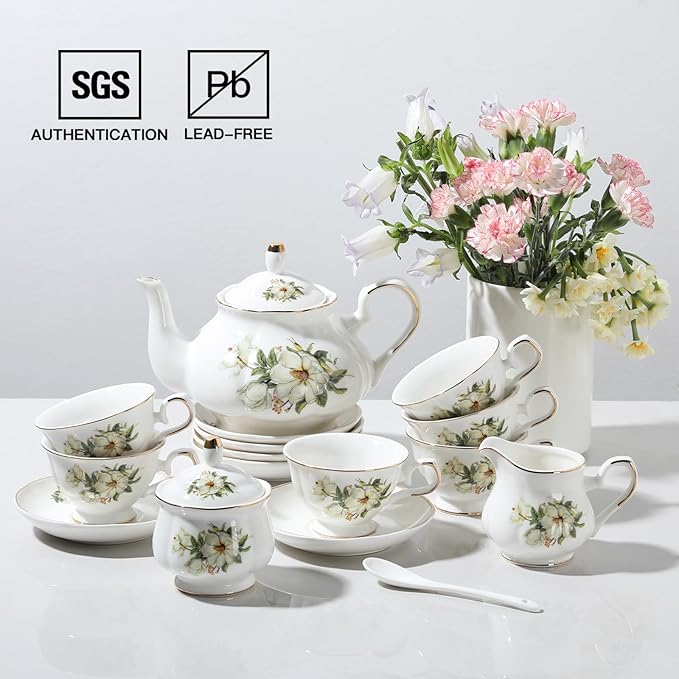 Sweejar Ceramic Teapot with Infuser, Floral Relief Gold Rimmed Teapot, 29 OZ Porcelain Tea Pot for Blooming and Loose Tea, Coffee...(Camellia) - Bloomnest