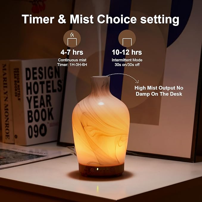 Classical Vase Art Glass Aromatherapy Diffuser 160ml ultrasonic Cool Mist Scent Aroma Essential Oil Diffu er Humidifier with Intermittent Mist & LED 7 Colorful Changing Night Light for Bedroom - Bloomnest