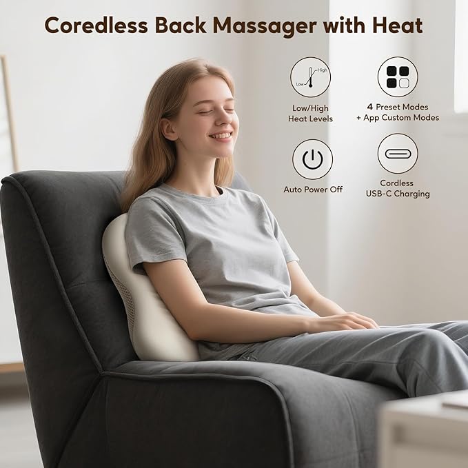 arboleaf Back Massager for Pain Relief Deep Tissue, Bluetooth App Control, Shiatsu Neck Shoulder Massager with Heat, Cordless Portable for Chair Car Office Home - Bloomnest
