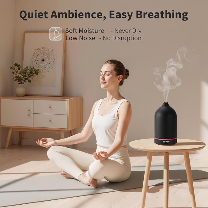 URPOWER 120ML Essential Oil Diffuser, Ultrasonic Aromatherapy Diffuser with Sleek Black Ceramic Design, 7-Color LED Lights, Auto Shut-Off, Humidifier for Home & Office, Scent Diffuser for Relaxation - Bloomnest