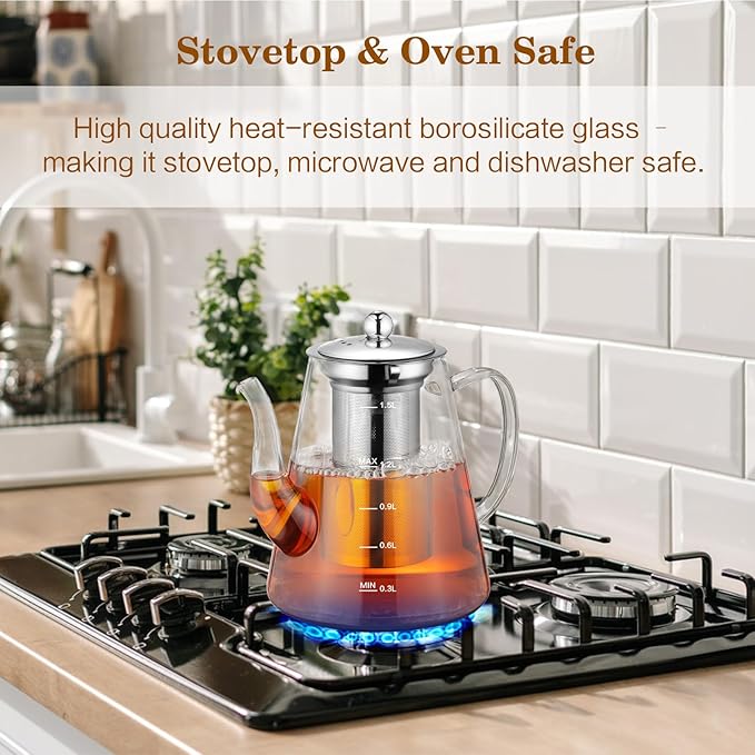 1500ml Glass Teapot, Large Tea Pot with Infuser for Loose Tea and Blooming Tea, Stovetop Safe Tea Kettle, Hand Crafted Borosilicate Glass Tea Maker with Scale Line, Tea Gift Set for Tea Lovers - Bloomnest