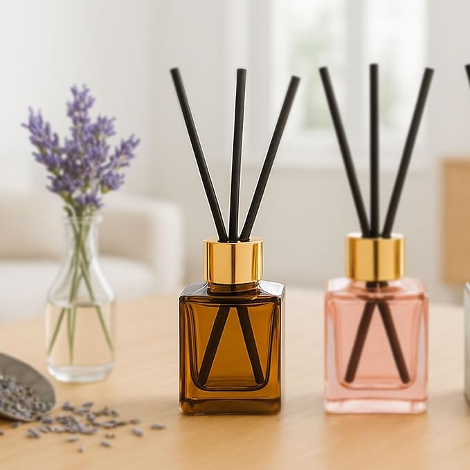 Paddywax Botanica Scented Oil Diffuser with Reeds in Reusable Amber Glass Bottle, Tubed Gift Box, Includes Diffuser Sticks, Long-Lasting Fragrance, Reusable & Upcyclable, Leather & Smoke, 2.8 fl oz