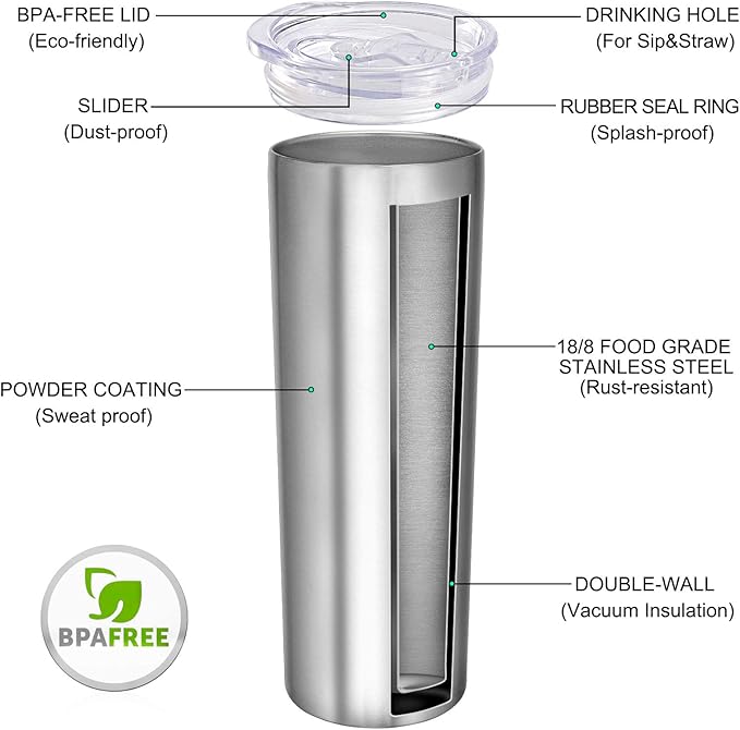 VEGOND Stainless Steel Tumblers Bulk 6 Pack, 20 oz Vacuum Insulated Skinny Tumblers with Lid and Straw, Double Wall Coffee Mug, Travel Water Cup - Bloomnest