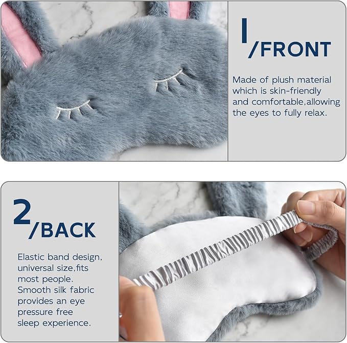 Cute Animal Sleeping Mask Sleep Mask, Soft Plush Rabbit Eye Mask for Travel Nap Sleeping Blindfold Eye Cover Eyeshade for Adult Kids Girls Teens Men Women - Rabbit, Gray - Bloomnest