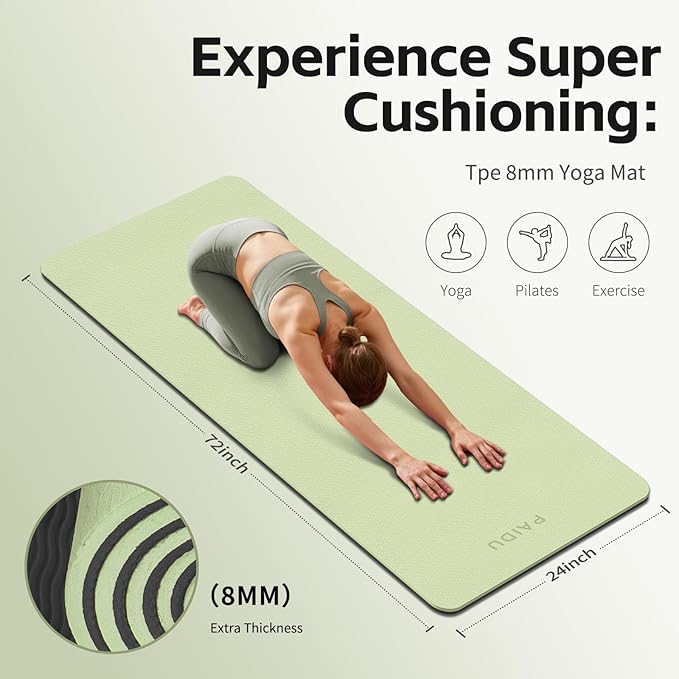 Yoga Mat 8mm Super Thick TPE Fitness Mat | SGS Certified | Non-Slip, Odorless & Tear-Resistant | Unisex with Strap | for Yoga, Pilates, Meditation & （Green&Black） - Bloomnest