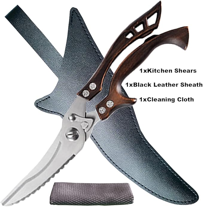ANDONG Kitchen Scissors, Heavy Duty Professional Poultry Shears, Stainless Steel Spring Loaded, Dishwasher Safe, with Black Leather Sheath - Bloomnest