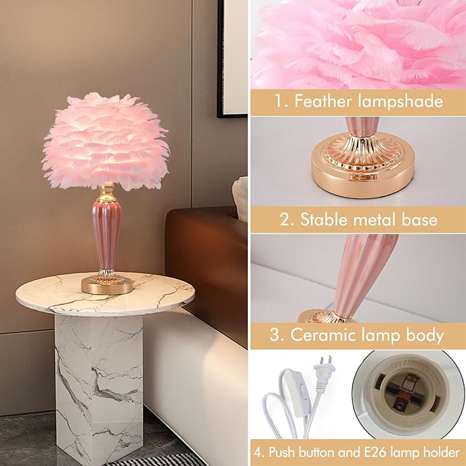 Pink Feather Lamp Creative Bedside Lamp Feather Table Lamp Cute Furry Goose Nightstand Light for Girl Bedroom Wedding Decor Living Room Hotel Office Valentines Dating Gift - Bloomnest