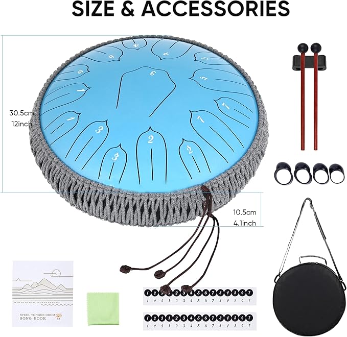 Steel Tongue Drum 12 Inch 15 Notes: Handpan Drums Set with Music Book Mallets Carry Bag - Hand Pan Instrument for Adults Musical Education Meditation Yoga Chakra (Blue)