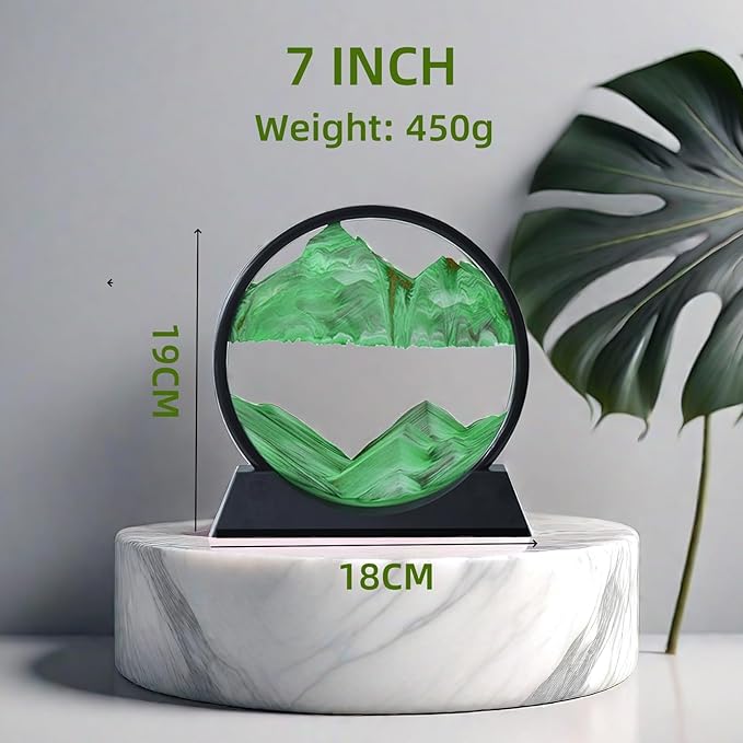 BGFJYUK Moving Sand Art Picture in Motion, Round Glass 3D Deep Sea Sandscapes with Display Flowing Sand Frame for Relaxing Desktop Home Office Work Décor for Kids Adults (Green, 7inch) - Bloomnest