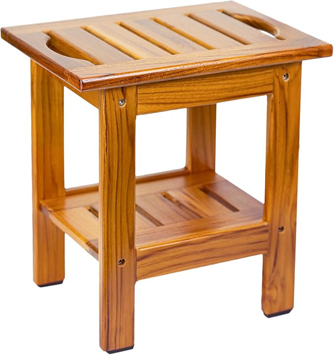Utoplike Teak Shower Stool, Compact Shower Bench with Shelf & Handle, Foot Rest for Shaving Legs, 2-Tier Small Wooden Bath Seat with Non-Slip Feet for Bathroom, Bathtub, or Outdoor Use - Bloomnest