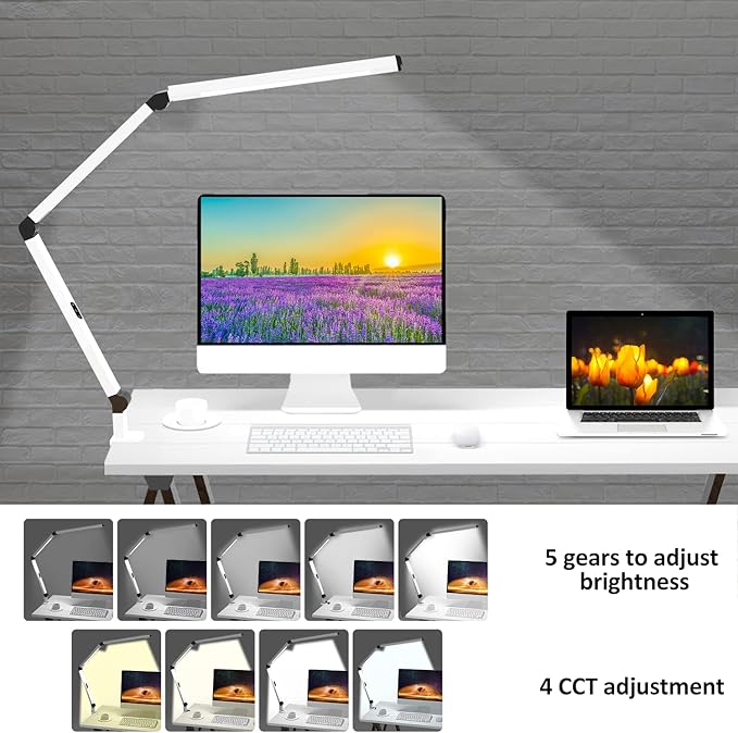 Micomlan LED Desk Lamp for Home Office, Architect Clamp Desk Lamp with Remote Control, Adjustable Dimmable Swing Arm Clamp on Table Light Clip-on Dual Light 5 Brightness Levels & 4 CCT Modes - Bloomnest