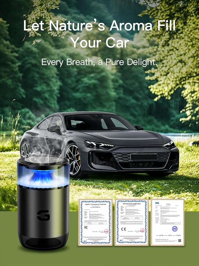 Smart Car Air Freshener Diffuser, Waterless Essential Oil Diffuser with 4 Modes, 4 Scent Refills, Auto On/Off, USB - C Rechargeable Wireless, Ambient Light for Home/Car Use (5502-Black) - Bloomnest