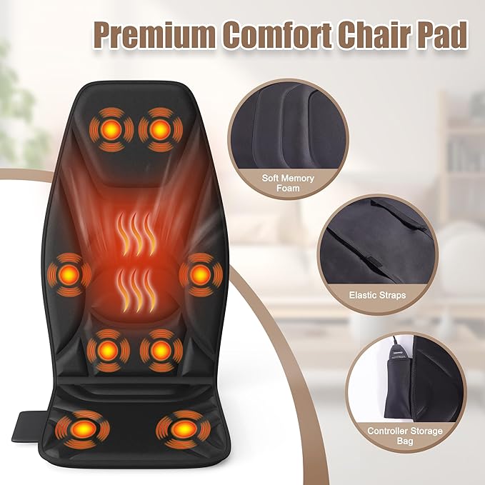 Portable Back Massager with Heat & Vibration - Deep Tissue Pain Relief for Shoulder, Back, Lower Back and Thighs - Office Chair Massage Pad, Ideal Gift for Men and Women - Bloomnest