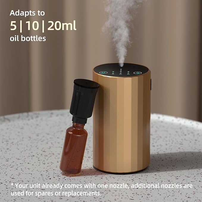 Waterless Essential Oil Diffuser Aromatherapy Scent Diffusers for Home Large Room, Bedroom, Car, Office, Desk, Battery Operated Mini Portable Air Freshener (Golden) - Bloomnest