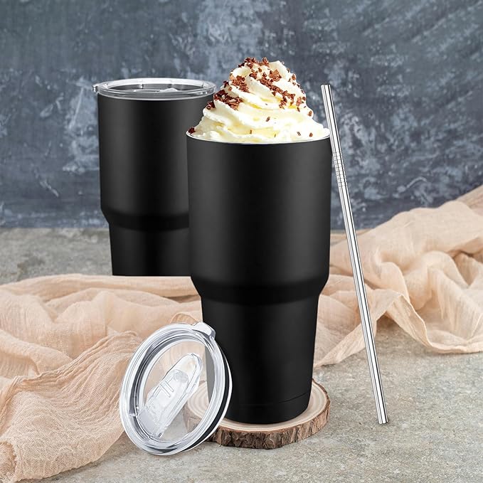 YOUKE OLA 8 Pack Insulated Tumbler with Lids and Straws Bulk Stainless Steel Double Wall Vacuum Insulated Coffee Travel Tumbler for DIY Gift (Black, 30oz) - Bloomnest