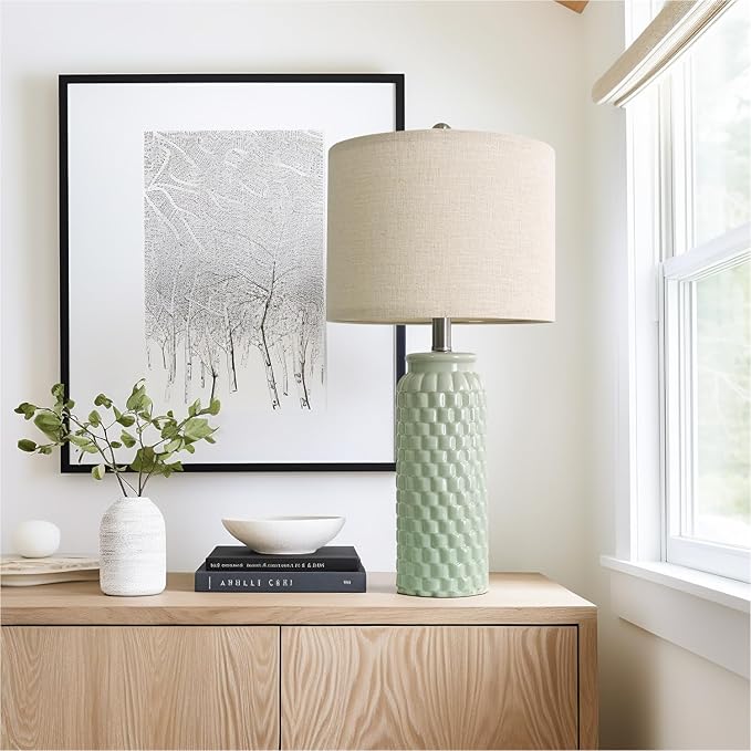 24" Modern Ceramic Green Bedside Lamp Set of 2 Table Lamp for Bedroom Decor Farmhouse Table Lamp for Living Room Office Dorm - Bloomnest