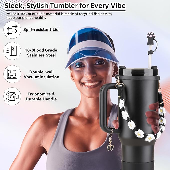 40 oz Tumbler Insulated Mug w/Straw & Flip Cap Lids - Cup Holder Bottle with 6 Accessories Set for Hot, Cold Drink - Leak-Proof - Water, Coffee Portable Travel Mug (Midnight Black) - Bloomnest