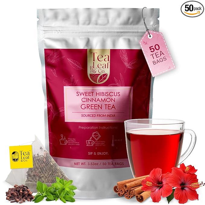 Sweet Hibiscus Cinnamon Green Tea Bags (50 Count), Caffeinated, Real and Natural, Blended with Fresh Herbs and Spices, Gluten Free - Bloomnest
