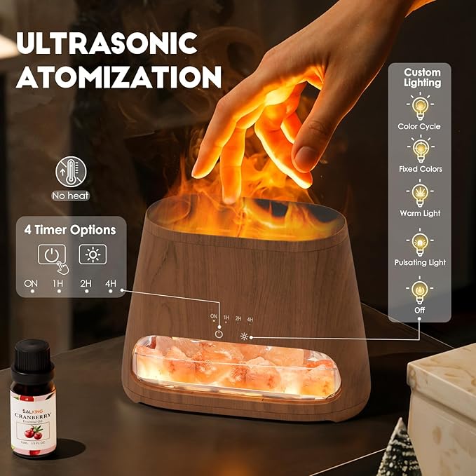 SALKING Colorful Flame Fire Diffuser Humidifier, Himalayan Salt Lamp, 7 Colors Changing Oil Diffuser, Ultra-Quiet Essential Oils Aromatherapy Diffusers for Large Room, Bedroom,150ml (Dark)