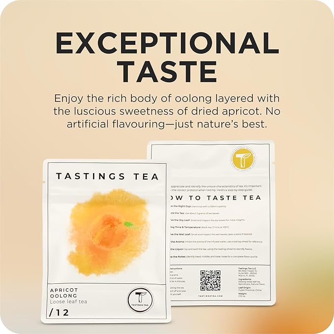 Tastings Tea Apricot Oolong Loose Leaf, 2.55 oz | Smooth & Juicy Blend from Fujian Province China | Medium Caffeine | Naturally Sweet & Elevating | Small Batch & Sustainably Sourced | Resealable Pouch - Bloomnest