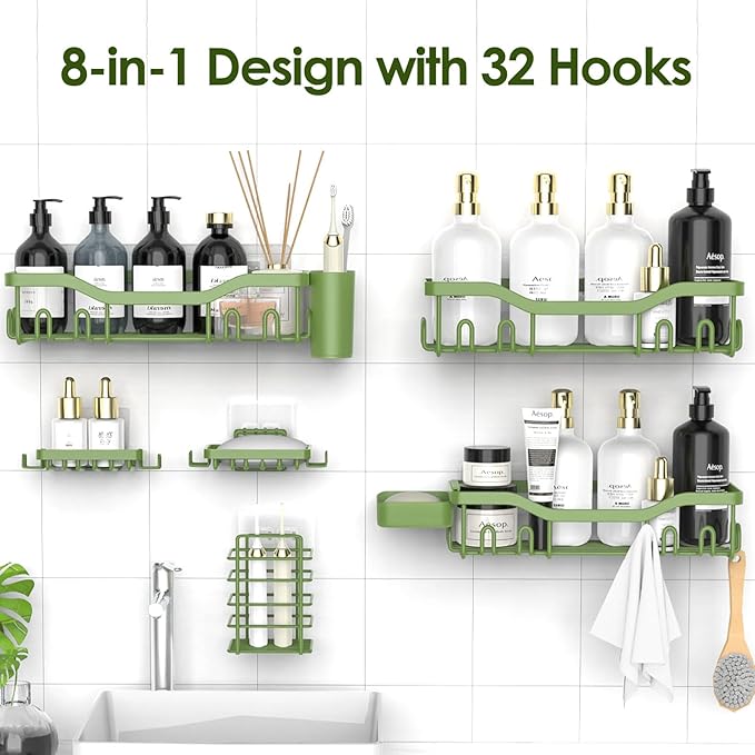 Shower Caddy Adhesive Shower Organizer 8-Pack, Rustproof Stainless Steel Bathroom Shelves, Large Capacity No-Drill Rack Storage Accessories with Soap Dish Toothbrush Holder Hooks - Bloomnest