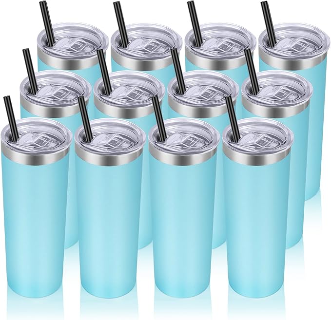 VEGOND Stainless Steel Tumblers Bulk 12 Pack, 20 oz Vacuum Insulated Skinny Tumblers with Lids and Straws, Double Wall Coffee Mug, Travel Water Cup, Blue - Bloomnest