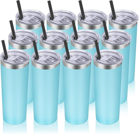 VEGOND Stainless Steel Tumblers Bulk 12 Pack, 20 oz Vacuum Insulated Skinny Tumblers with Lids and Straws, Double Wall Coffee Mug, Travel Water Cup, Blue - Bloomnest