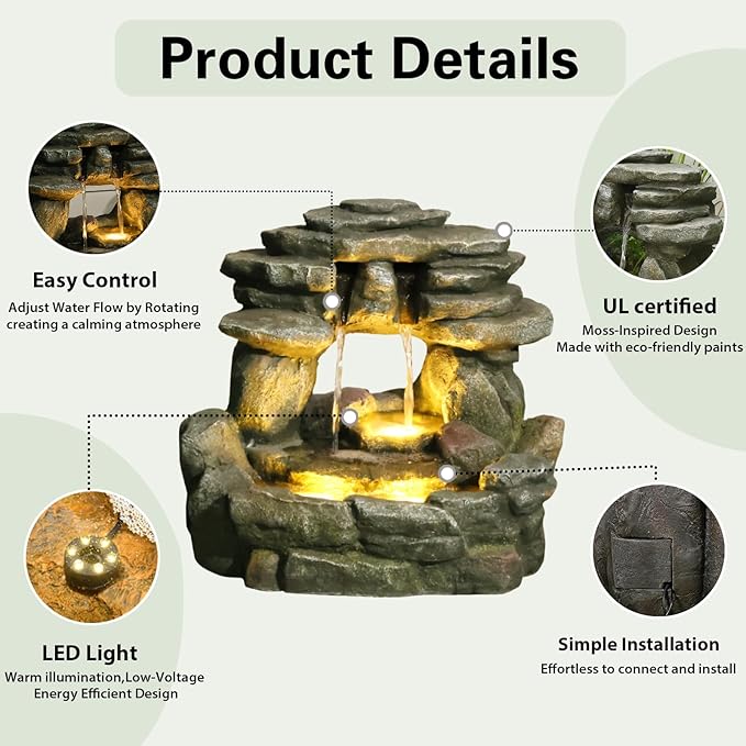 15.6''H Small Rock Water Fountain Outdoor&Indoor, 3-Tier Garden Waterfall with Warm Lights and 2 Flows for Patio, Backyard, Deck, Porch, Home DéCor, Stone Gray - Bloomnest