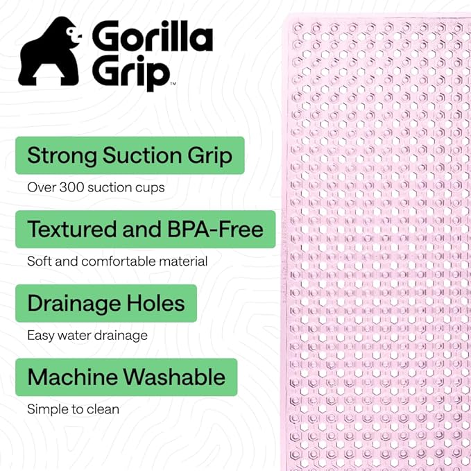 GORILLA GRIP Patented Bath Tub Shower Mat, Machine Washable Bathtub Floor Liner Mats, Suction Cups and Drain Holes to Keep Tubs Clean, Soft on Feet, Bathroom Essentials, 35x16 Inch, Clear Light Pink - Bloomnest