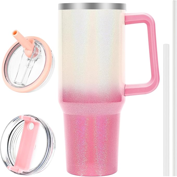 40 oz Tumbler with Handle and Flip Straw Lid, Vacuum Insulated Leak Proof Double Walled Stainless Steel Glitter Travel Mug Tumblers, Maintains Cold Ice and Heat for Hours(White Pink Gradient) - Bloomnest