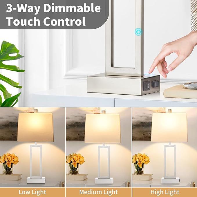 Touch Control Table Lamps for Living Room, 3-Way Dimmable Modern Table Lamp with USB A+C Charging Ports & AC Outlets, Bedside Contemporary Nightstand Desk Lamps with Fabric White Shade for Bedrooms - Bloomnest