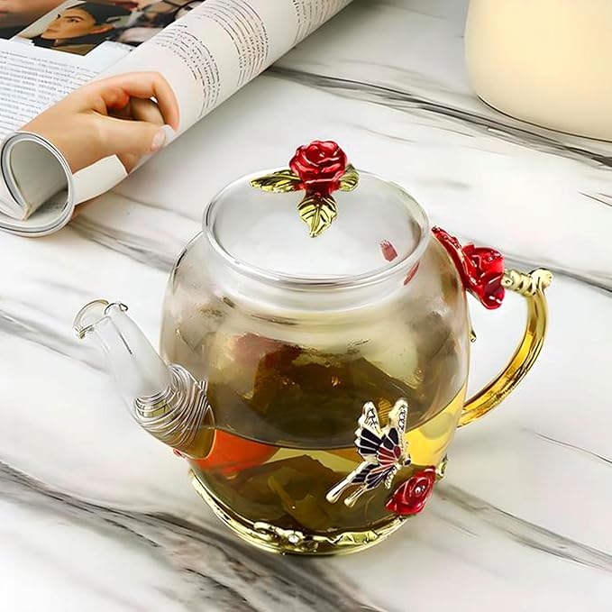 Glass Teapot -300 ml (10 oz), Flower Decoration Heat Resistant Glass Teapot Kettle with Golden Leaf Edge Color Floral Pattern Retro Teapot Tea Party Set (Red) - Bloomnest