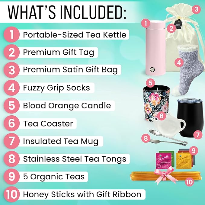 Tea Gift Basket for Women with Portable Kettle and Grippie Socks | Birthday Gift Set for Her, Mom,Wife, Co-Worker, Teacher Appreciation, Get Well - Bloomnest