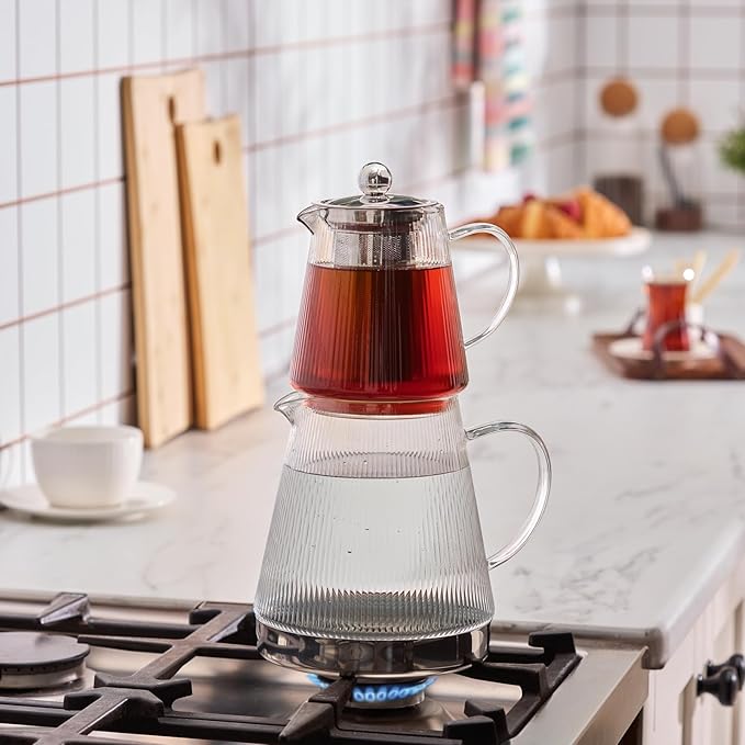Karaca Keops XL Borosilicate Glass Teapot with Infuser and Lid for Stovetop, Transparent Silver, 1L Tea Pot & 2L Tea Kettle Set for Loose Leaf & Herbal, Dishwasher Safe - Bloomnest
