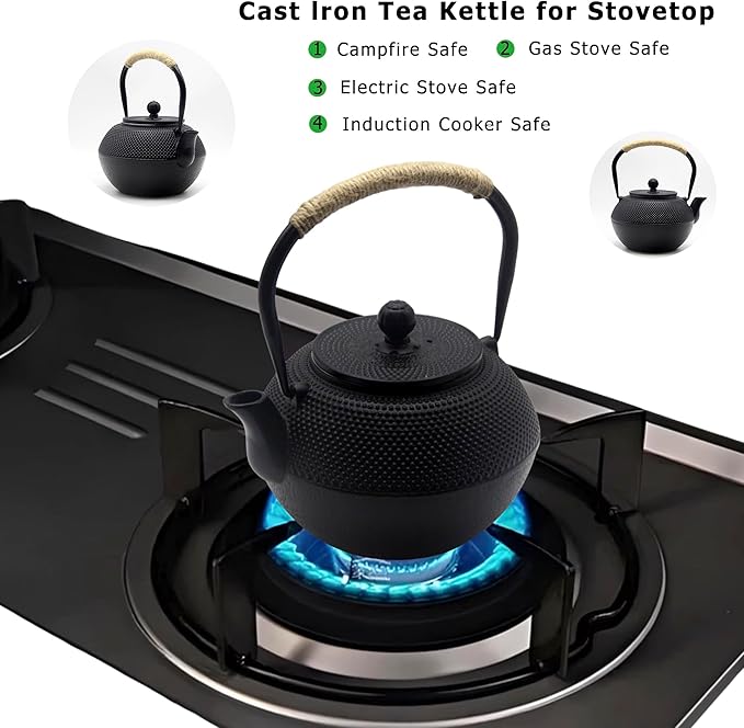 YJX 40.6 fl oz Cast Iron Teapot Set, Japanese Tetsubin Tea Set with Cast Iron Teacups, Small Tea Kettle Set with Strainer for Loose Tea, Enameled Interior (1200ml Tea Set with Cups and Saucers) - Bloomnest