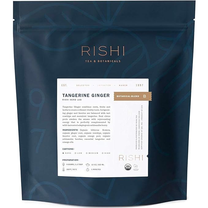 Rishi Tea Tangerine Ginger Herbal Tea - Organic Loose Leaf Tea, Caffeine Free Digestive Tea Blend with Hibiscus, Spicy Ginger & Citrus - 16 Ounces, 50+ Servings - Bloomnest